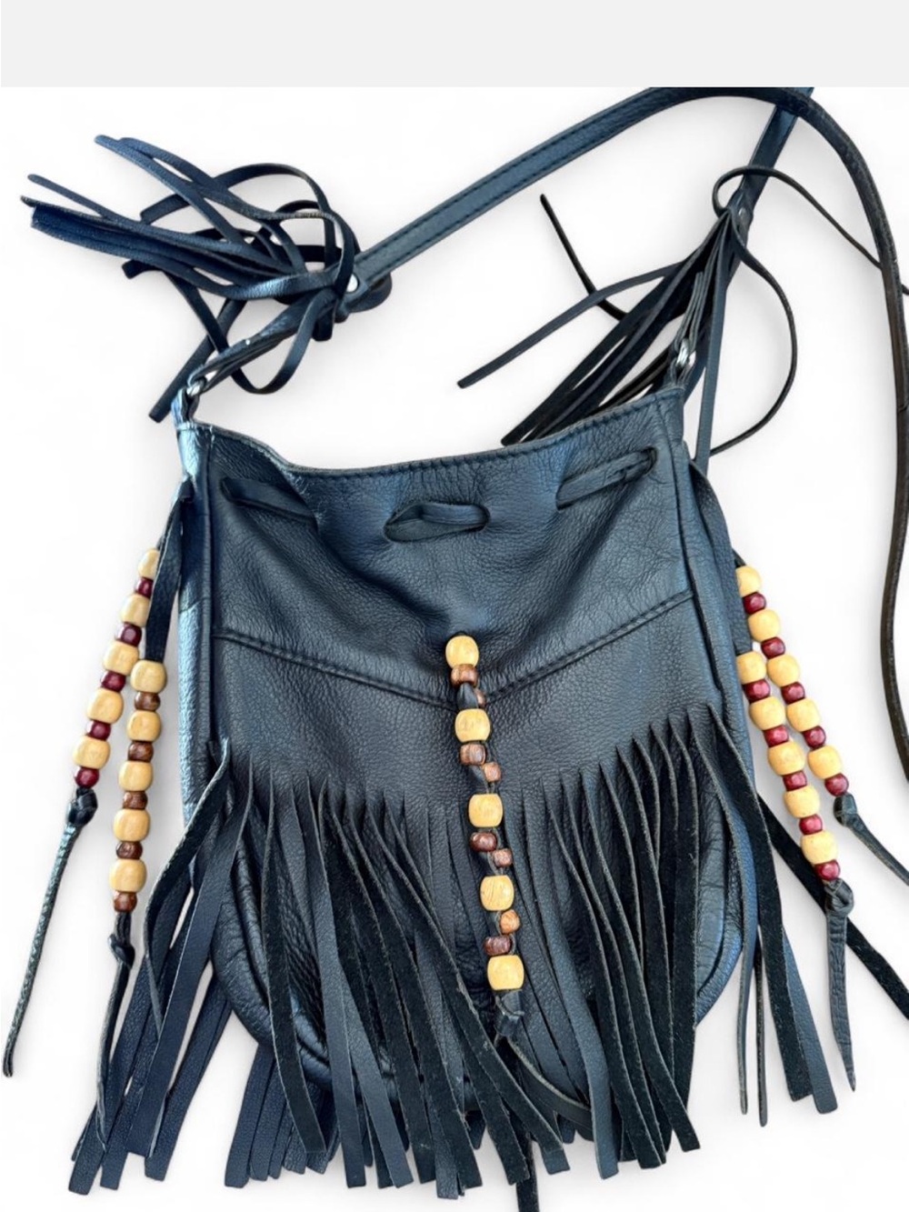 Cut N’ Paste LA Black Leather Fringe Crossbody Bag BoHo Wood Bead Tassels